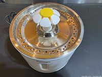 Top view showing stainless steel lid with flower-shaped water outlet and white plastic base with power cord attached.