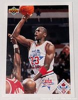 Front of 1992 Upper Deck Michael Jordan basketball card showing Michael Jordan in USA Basketball jersey.