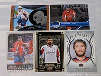 Top view of all 6 hockey cards featuring Alexander Ovechkin in various designs and styles.