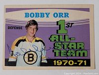 Front view of Bobby Orr autographed 1970-71 1st All-Star Team hockey card showing full image and signature