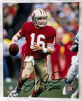 Full view of the signed 8x10 photo showing Joe Montana preparing to throw a football in a red 49ers jersey, signed and labeled "HOF 2000" at bottom.