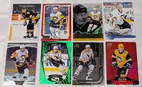 Overview of 8 mixed Pittsburgh Penguins hockey cards featuring Mario Lemieux, Kris Letang, Evgeni Malkin, Jaromir Jagr, and Marc-Andre Fleury.