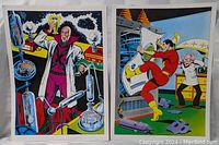 Photo showing two DC comic book posters, one featuring a scientist in lab with glassware and the other with Shazam kicking a robot.