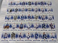 Photo showing 35 Toronto Maple Leafs hockey cards arranged in rows, front view with players in blue and white uniforms and maple leaf backgrounds.