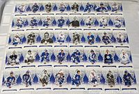 Array of Toronto Maple Leafs hockey cards laid out in rows on a white surface showing a total of 40 cards featuring various players.