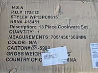 Box label showing product details, style number WP13PC0615, 13 piece cookware set from HSN/QVC, country of origin China.