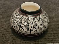 Top view of the Southwest pottery bowl showing the narrow opening and detailed exterior designs.