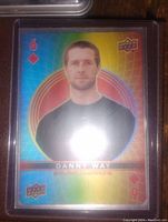 Front of a holographic sports trading card featuring Danny Way labeled as 6 of Diamonds from Upper Deck with rainbow background.
