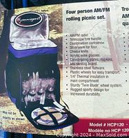 Photo of product label detailing features of the four-person AM/FM rolling picnic set, listing included items and specifications
