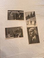 Four individual tobacco cards from the 1936 German Olympics featuring a) two men conversing, b) winter skiing scene, c) man operating machinery, d) portrait of a man