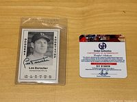 Front view of the autographed Leo Durocher 1979 Donruss Legends baseball card and Global Authentics COA.