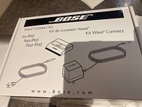 Box of Bose Wave Connect Kit for iPod showing cable and power adapter connection diagram on the top of the box.