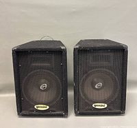 Pair of black Gemini speakers front view with mesh grille and logo visible, showing general condition and size comparison to fruit in second photo.