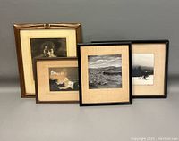 Four framed vintage art pieces including one signed lithograph with damage and three black and white photographs in separate frames.