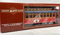View of sealed Bachmann Big Hauler circus train car in original box, showing branding and scale compatibility information on box.