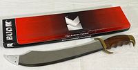 Full view of Bud K Arabian Cutlass laid on its box showing the blade and handle with wooden grip and brass guard.