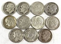 Obverse side of 10 silver dimes showing Roosevelt and Mercury designs dated between 1940s and 1950s, with visible wear.