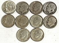 Obverse view of 10 silver Roosevelt dimes showing profile of President Roosevelt with visible dates and inscriptions.