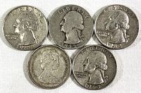Front views of five silver quarters showing obverse sides with profiles of George Washington and Queen Elizabeth II