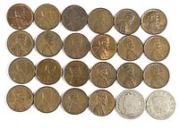 Top down image of 22 Lincoln wheat pennies and 2 Liberty Head nickels arranged in rows showing both obverse and reverse sides.