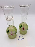 Pair of hand-painted glass bud vases full view