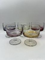 Front view of 5 vintage cocktail glasses showing color variations.