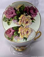 Photo showing the teacup inside the saucer highlighting the floral pattern and gold trim