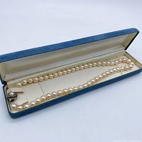 Necklace displayed in blue velvet-lined presentation box showing full strand and clasp