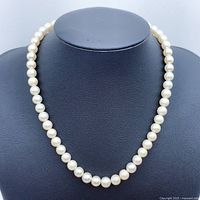 Full-length view of pearl necklace displayed on black bust