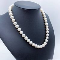 Necklace draped on black display bust showing full length and uniform pearls