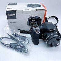 Camera with box, cables, strap shown together