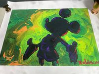 Mickey Mouse canvas print with bright green and yellow background and black silhouette, signed Robison.