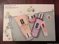 Box front showing image and label of all included products in the Clinique night skin care set