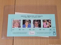 Block of four Princess Diana stamps with her portraits and commemorative dates, including denominations and signature in blue background.