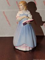 Front right angle view of the Royal Doulton First Recital HN 3652 figurine showing the girl in blue dress holding the pink-edged sheet music.