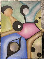 Full front view of the Mid Century Modern abstract painting showing geometric and organic shapes in muted pastel colors with black outlines.