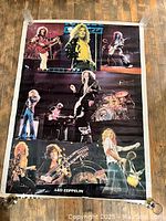 Full view of the Led Zeppelin poster showing all band members in multiple stage performance photos, taped to a wooden surface.