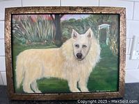 Full view of framed painting showing a white dog outdoors and the frame.
