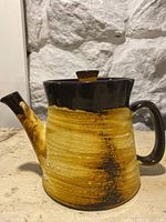 Side view of pottery teapot showing spout, handle, and body glaze.