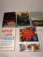 Front view of five hardcover books showing titles and authors