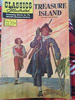 Full cover image showing the vintage illustrated cover of Treasure Island comic No. 64 from Classics Illustrated series, featuring two characters and a ship by the sea.