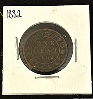 Obverse side of the 1882 Canadian Large One Cent coin showing denomination and year.