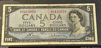 Front view of the 1954 Canadian five dollar banknote showing Queen Elizabeth II portrait, serial number, and bilingual text.