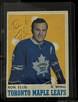 Front side of 1970-71 O-Pee-Chee Ron Ellis hockey card in protective sleeve showing Ron Ellis in Toronto Maple Leafs blue jersey with autograph and number 6 visible.