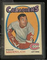Front image of 1971-72 O-Pee-Chee NHL Hockey Frank Mahovlich Montreal Canadiens trading card showing player portrait, team name, and logo.