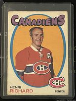 Front of 1971-2 O-Pee-Chee NHL Hockey Henri Richard card showing player portrait and Canadiens logo