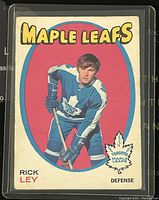 Front of 1971-72 O-Pee-Chee Rick Ley hockey card showing player in Toronto Maple Leafs uniform with red and blue background and Maple Leafs logo.