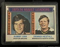 Front side of 1974-75 O-Pee-Chee NHL Assist Leaders trading card showing portraits of Bobby Orr (East) and Dennis Hextall (West).