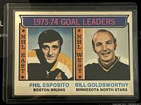 Front of the card showing Phil Esposito (Boston Bruins) and Bill Goldsworthy (Minnesota North Stars) with their photos and designation as NHL East and NHL West goal leaders respectively for 1973-74 season.