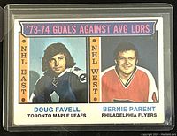 Front of 1974-75 O-Pee-Chee NHL Goals Against Average Leaders trading card #4 showing Doug Favell and Bernie Parent headshots with teams and divisions.